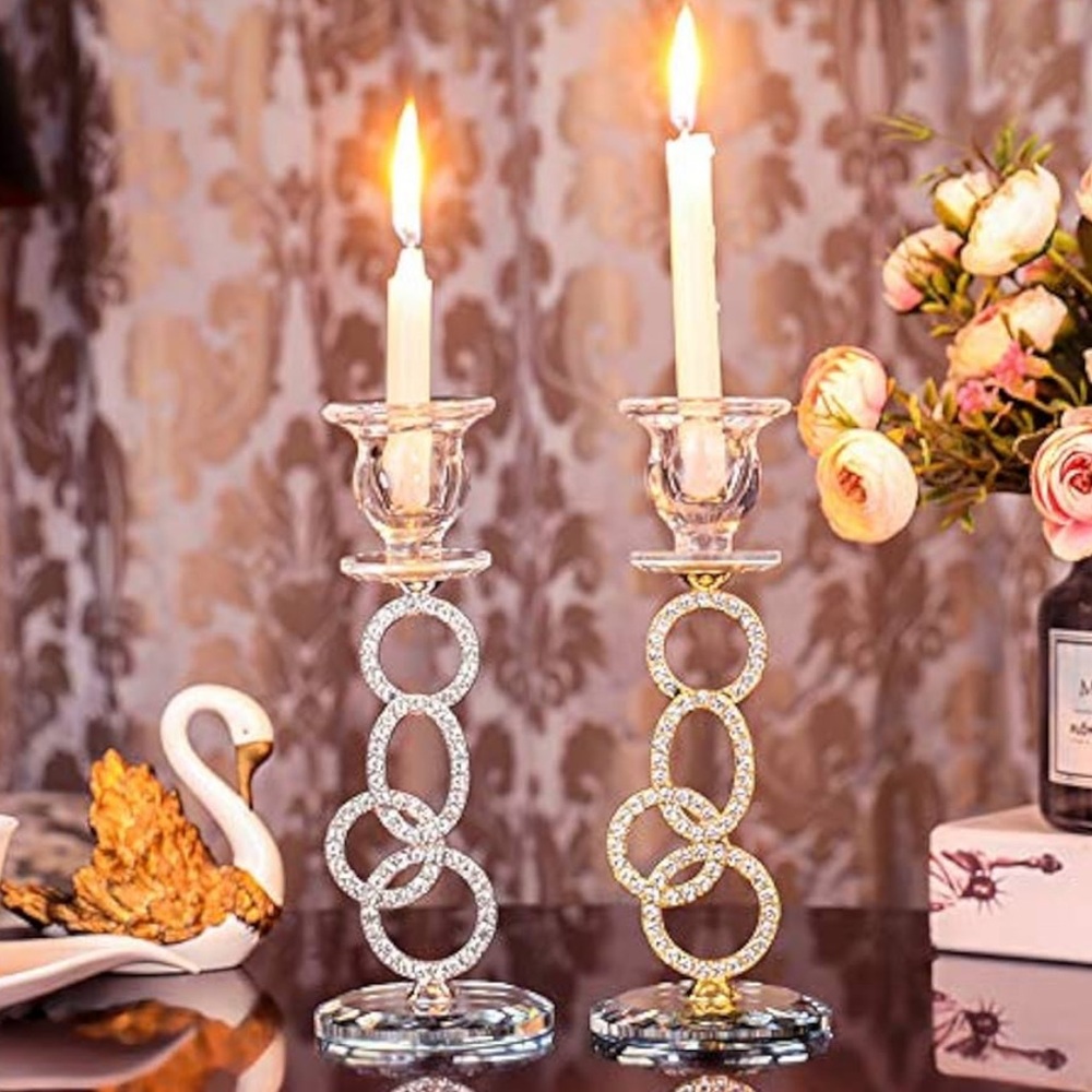 Set Of Two Gold Metal & Crystal Tapered Candle Holders - Picture 3 of 9